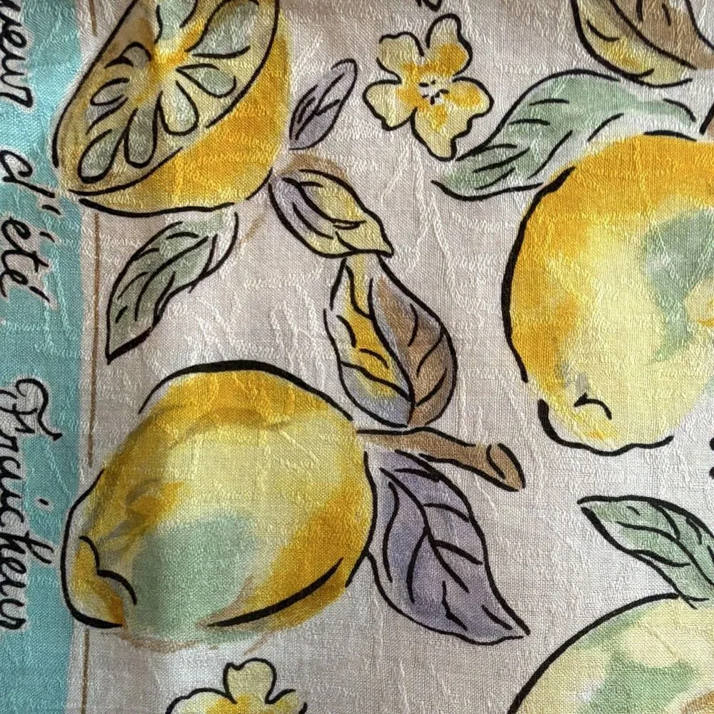 Vintage French Lemon & Citrus Botanical Cotton Square Handkerchief / Scarf 18”